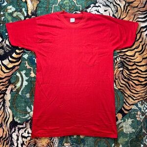 Vintage 70s Blank Selvedge Pocket T-shirt 5050 Red Large Single Stitch USA Made